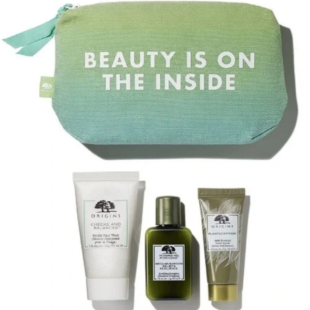 Origins Set Plantscription Youth Serum, Mega-Mushroom Relief Emulsion, Face Wash